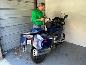 2025_07_0025 Brendan checks out his motorcycle, Los Angeles, California, July 2025
